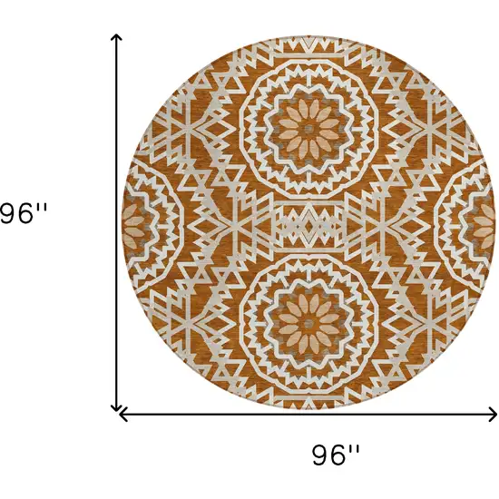 8' Orange Copper And Beige Round Floral Medallion Washable Indoor Outdoor Area Rug Photo 3