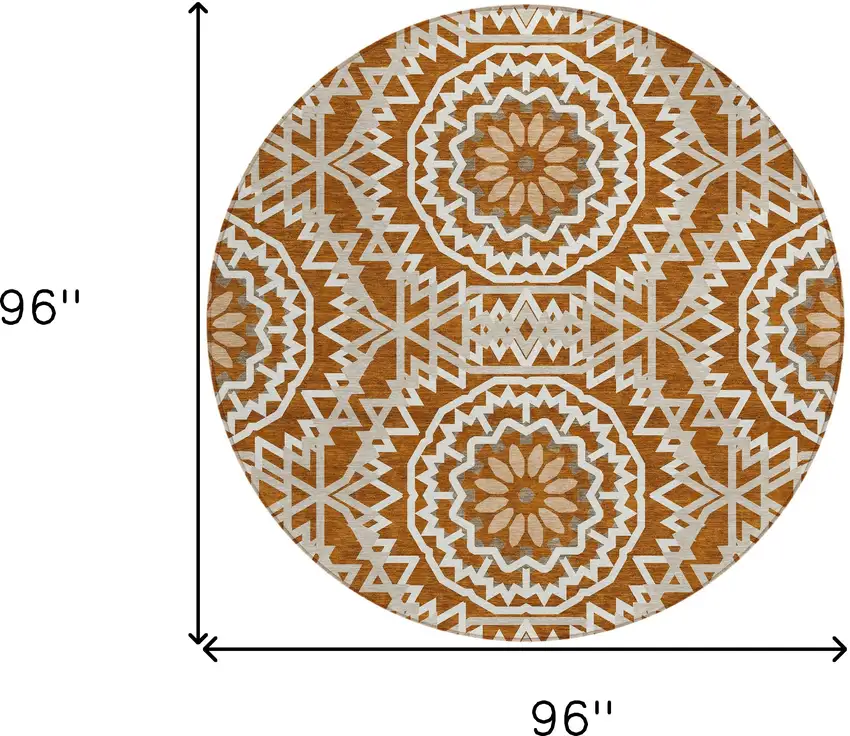 8' Orange Copper And Beige Round Floral Medallion Washable Indoor Outdoor Area Rug Photo 3