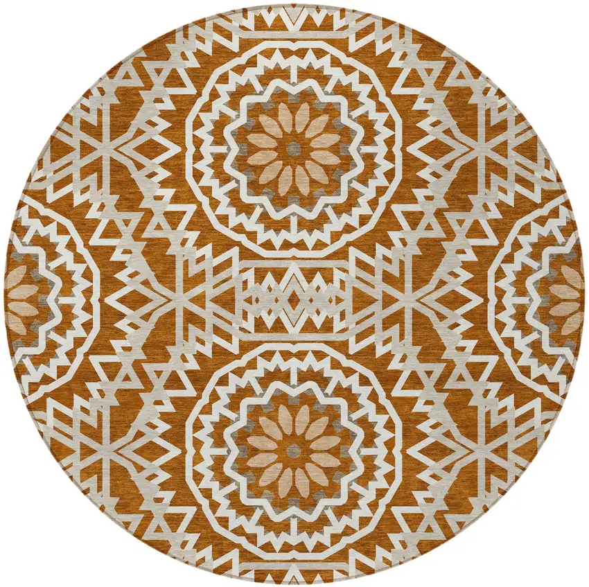 8' Orange Copper And Beige Round Floral Medallion Washable Indoor Outdoor Area Rug Photo 5