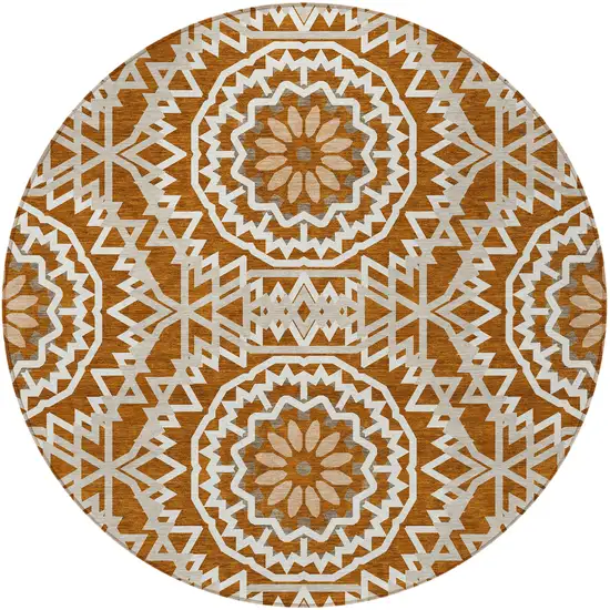 8' Orange Copper And Beige Round Floral Medallion Washable Indoor Outdoor Area Rug Photo 5