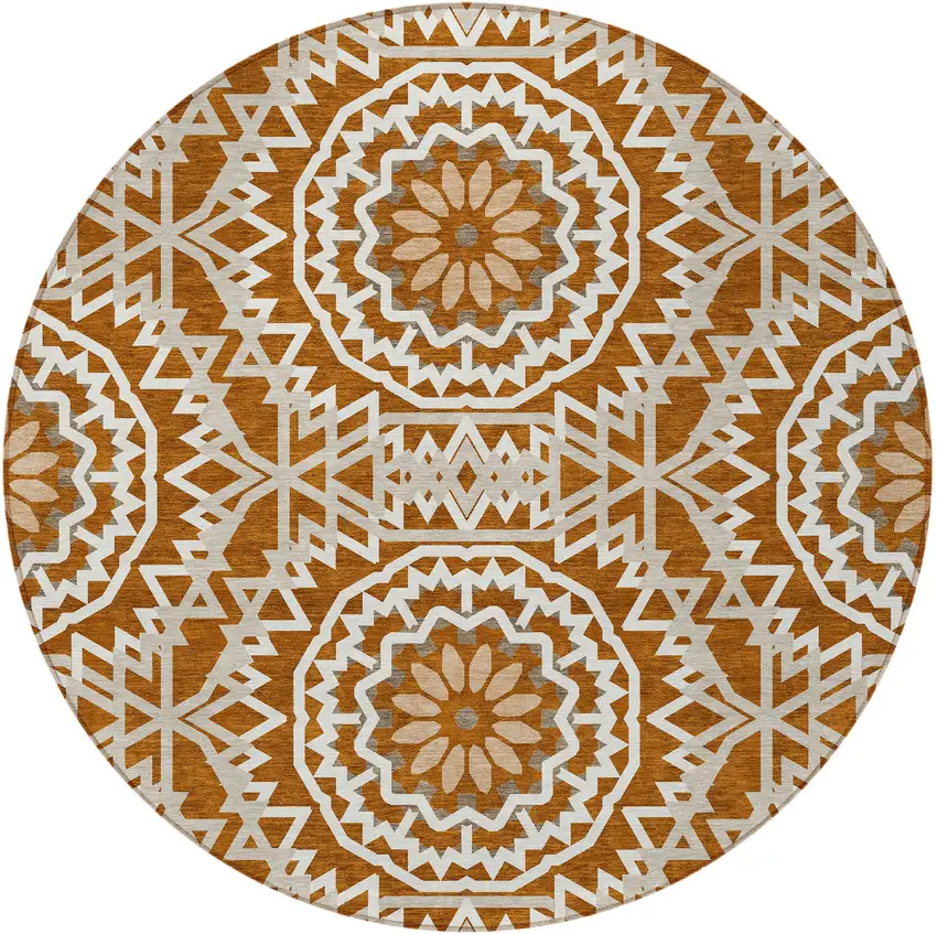 8' Orange Copper And Beige Round Floral Medallion Washable Indoor Outdoor Area Rug Photo 5
