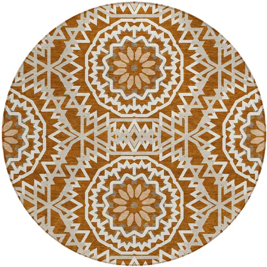 8' Orange Copper And Beige Round Floral Medallion Washable Indoor Outdoor Area Rug Photo 2