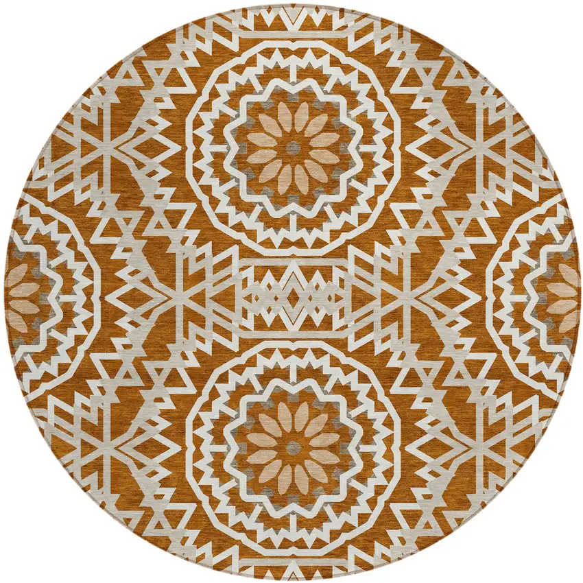8' Orange Copper And Beige Round Floral Medallion Washable Indoor Outdoor Area Rug Photo 2