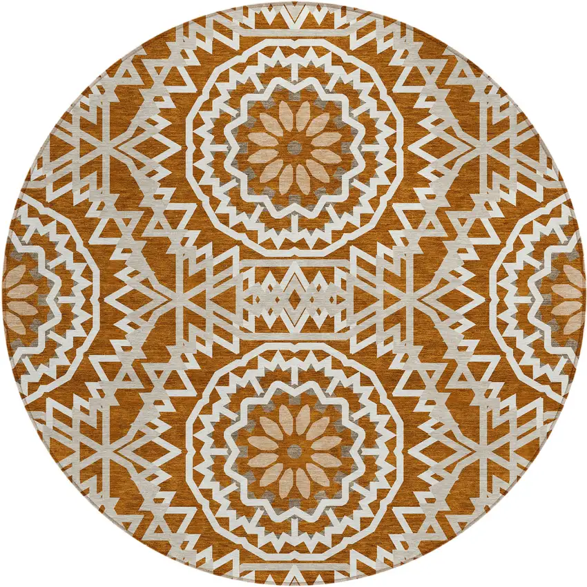 8' Orange Copper And Beige Round Floral Medallion Washable Indoor Outdoor Area Rug Photo 2