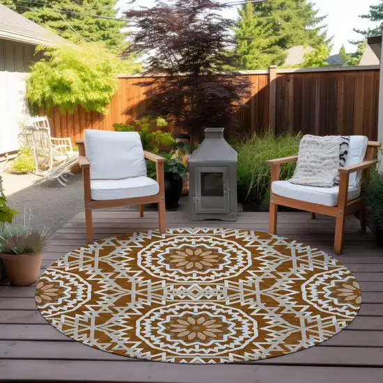 8' Orange Copper And Beige Round Floral Medallion Washable Indoor Outdoor Area Rug Photo 6