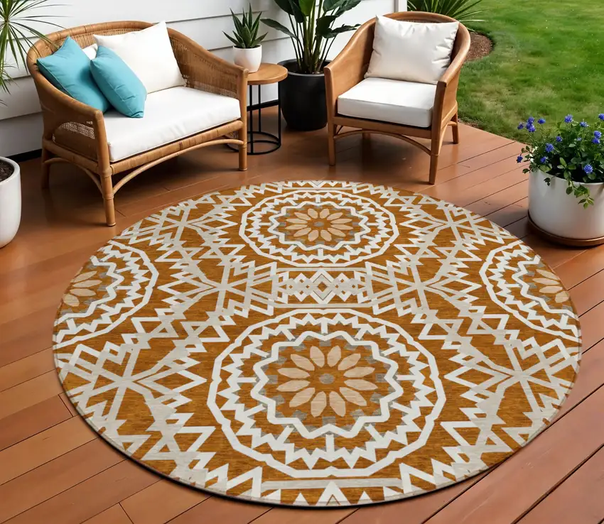 8' Orange Copper And Beige Round Floral Medallion Washable Indoor Outdoor Area Rug Photo 1
