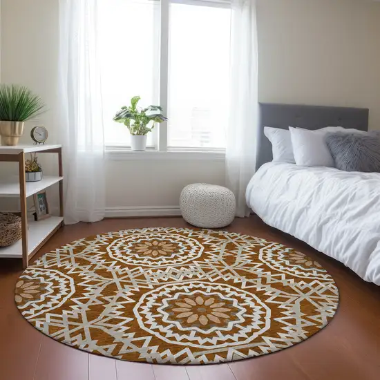 8' Orange Copper And Beige Round Floral Medallion Washable Indoor Outdoor Area Rug Photo 7