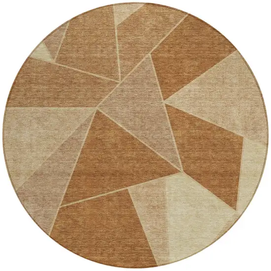 8' Orange Copper And Beige Round Geometric Washable Indoor Outdoor Area Rug Photo 6