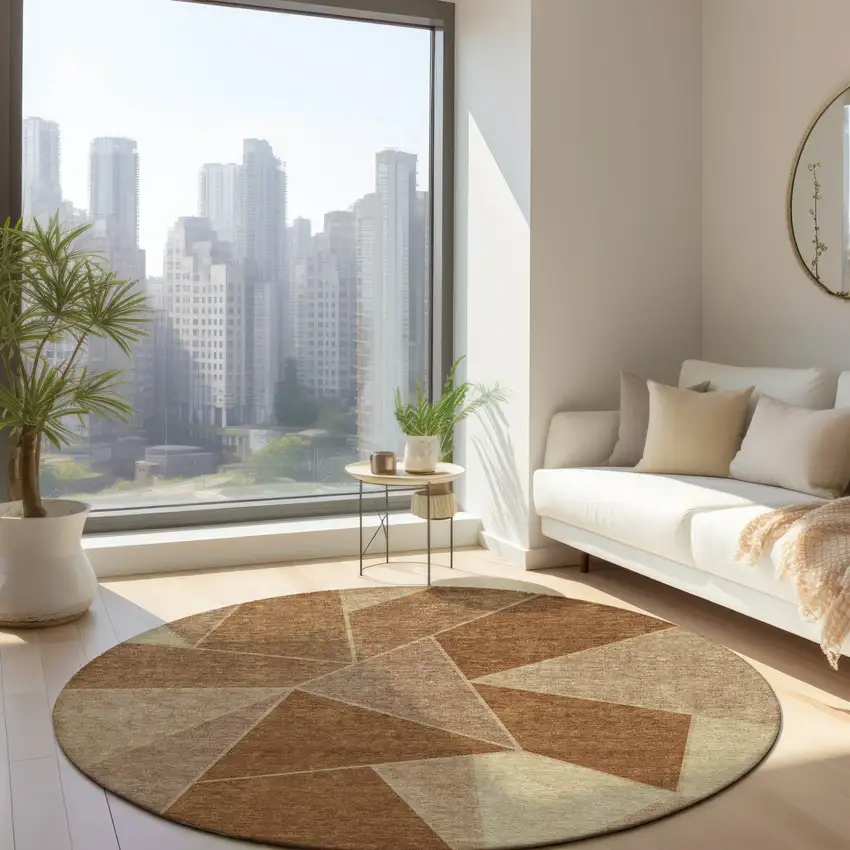 8' Orange Copper And Beige Round Geometric Washable Indoor Outdoor Area Rug Photo 8