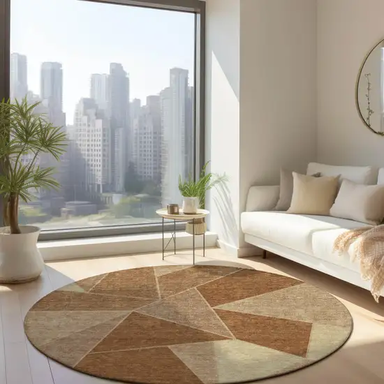 8' Orange Copper And Beige Round Geometric Washable Indoor Outdoor Area Rug Photo 8