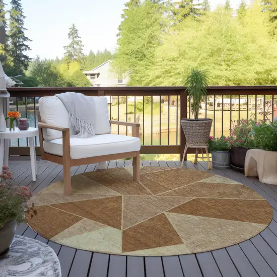 8' Orange Copper And Beige Round Geometric Washable Indoor Outdoor Area Rug Photo 7
