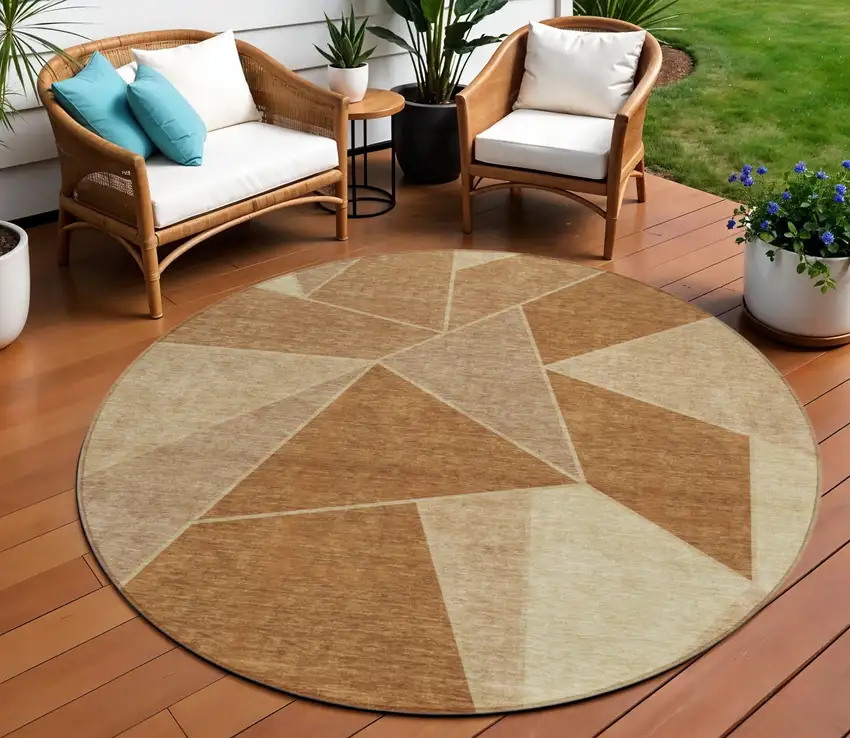 8' Orange Copper And Beige Round Geometric Washable Indoor Outdoor Area Rug Photo 1