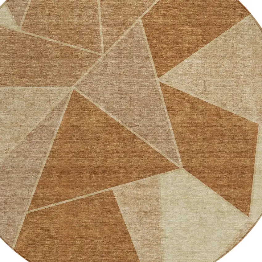 8' Orange Copper And Beige Round Geometric Washable Indoor Outdoor Area Rug Photo 5