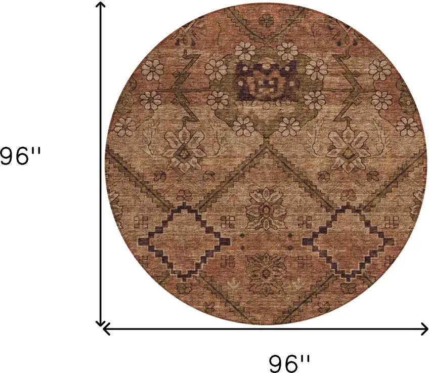 8' Orange Copper And Brown Round Floral Washable Indoor Outdoor Area Rug Photo 3