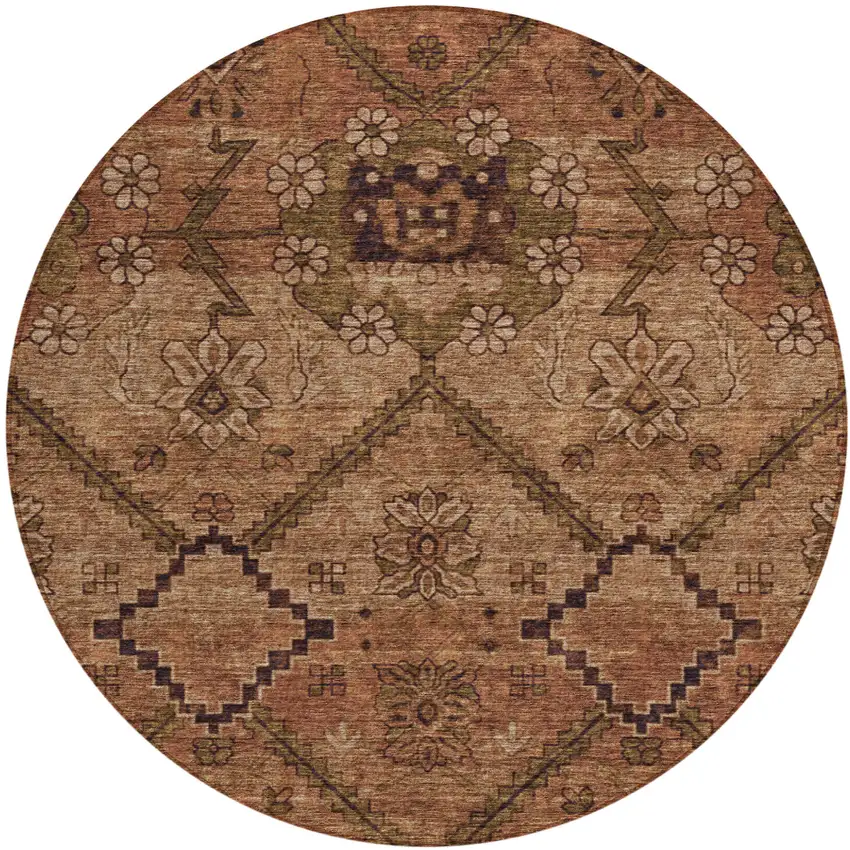 8' Orange Copper And Brown Round Floral Washable Indoor Outdoor Area Rug Photo 2