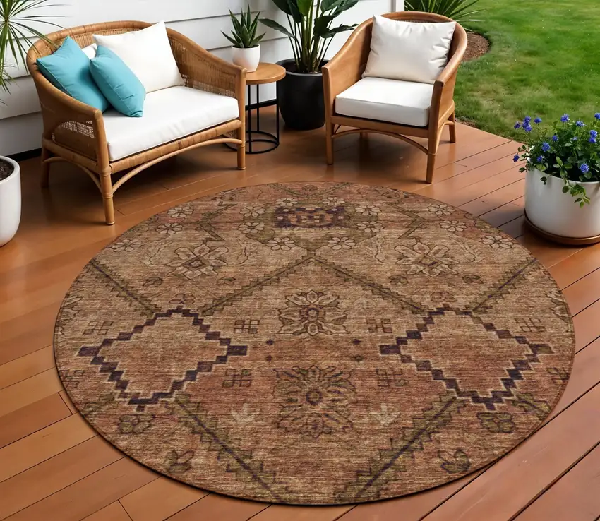 8' Orange Copper And Brown Round Floral Washable Indoor Outdoor Area Rug Photo 1