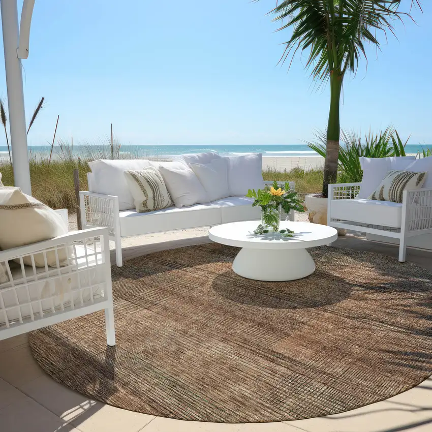 8' Orange Copper And Brown Round Striped Washable Indoor Outdoor Area Rug Photo 5