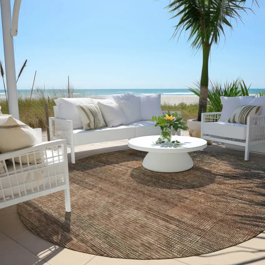 8' Orange Copper And Brown Round Striped Washable Indoor Outdoor Area Rug Photo 5