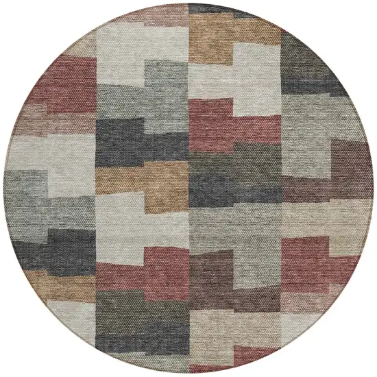 8' Orange Copper And Charcoal Round Geometric Washable Indoor Outdoor Area Rug Photo 5