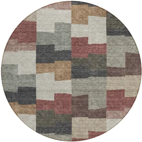 8' Orange Copper And Charcoal Round Geometric Washable Indoor Outdoor Area Rug Photo 2