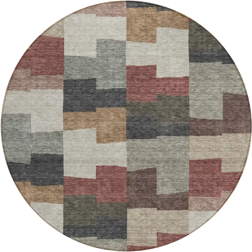 8' Orange Copper And Charcoal Round Geometric Washable Indoor Outdoor Area Rug Photo 2