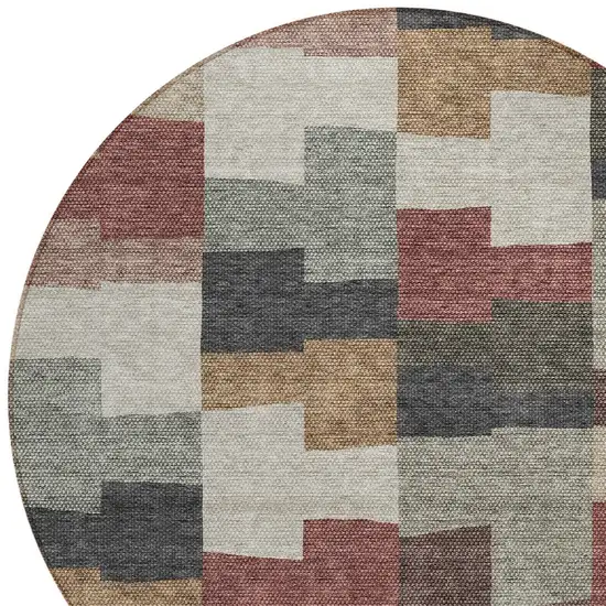 8' Orange Copper And Charcoal Round Geometric Washable Indoor Outdoor Area Rug Photo 4