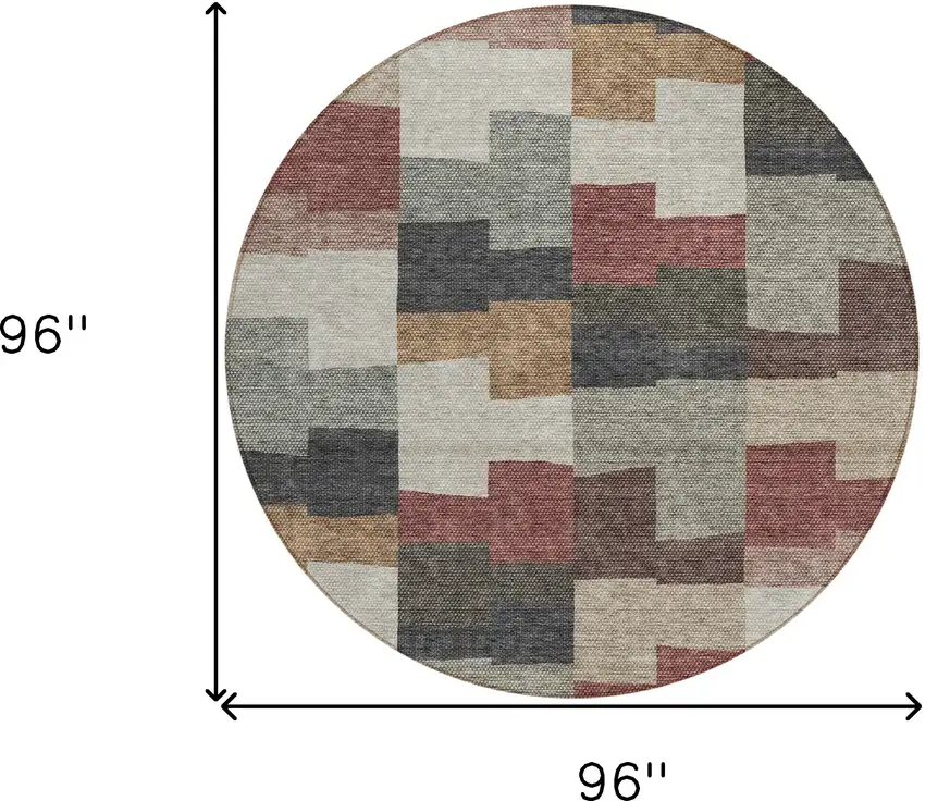 8' Orange Copper And Charcoal Round Geometric Washable Indoor Outdoor Area Rug Photo 3