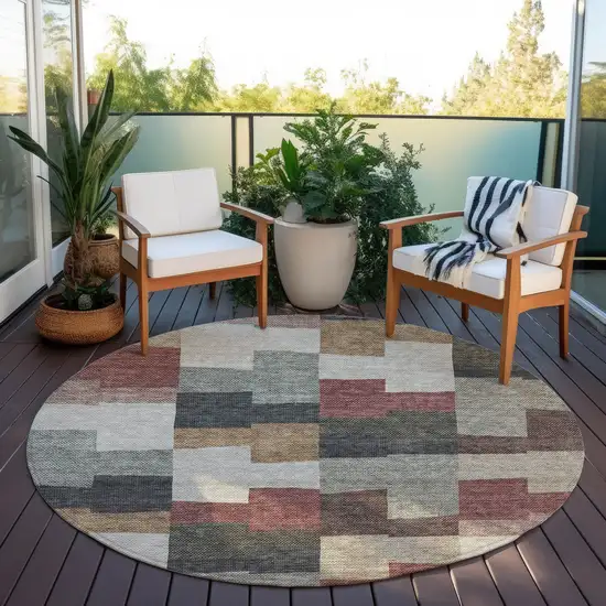 8' Orange Copper And Charcoal Round Geometric Washable Indoor Outdoor Area Rug Photo 6