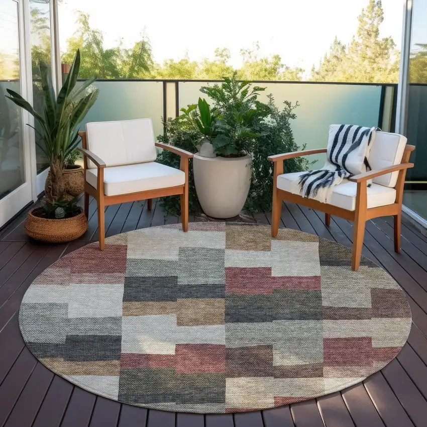8' Orange Copper And Charcoal Round Geometric Washable Indoor Outdoor Area Rug Photo 6