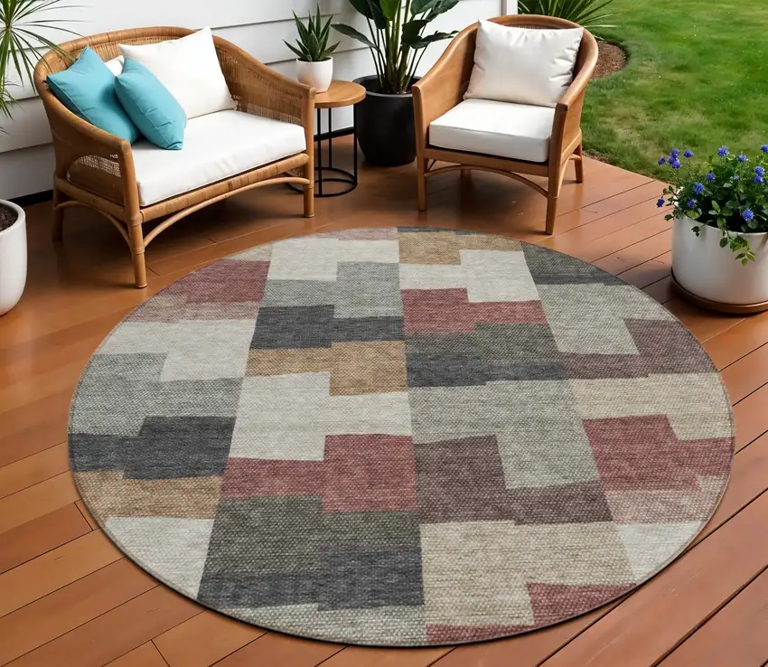 8' Orange Copper And Charcoal Round Geometric Washable Indoor Outdoor Area Rug Photo 1