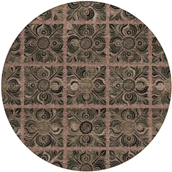 8' Orange Copper And Charcoal Round Medallion Washable Indoor Outdoor Area Rug Photo 2