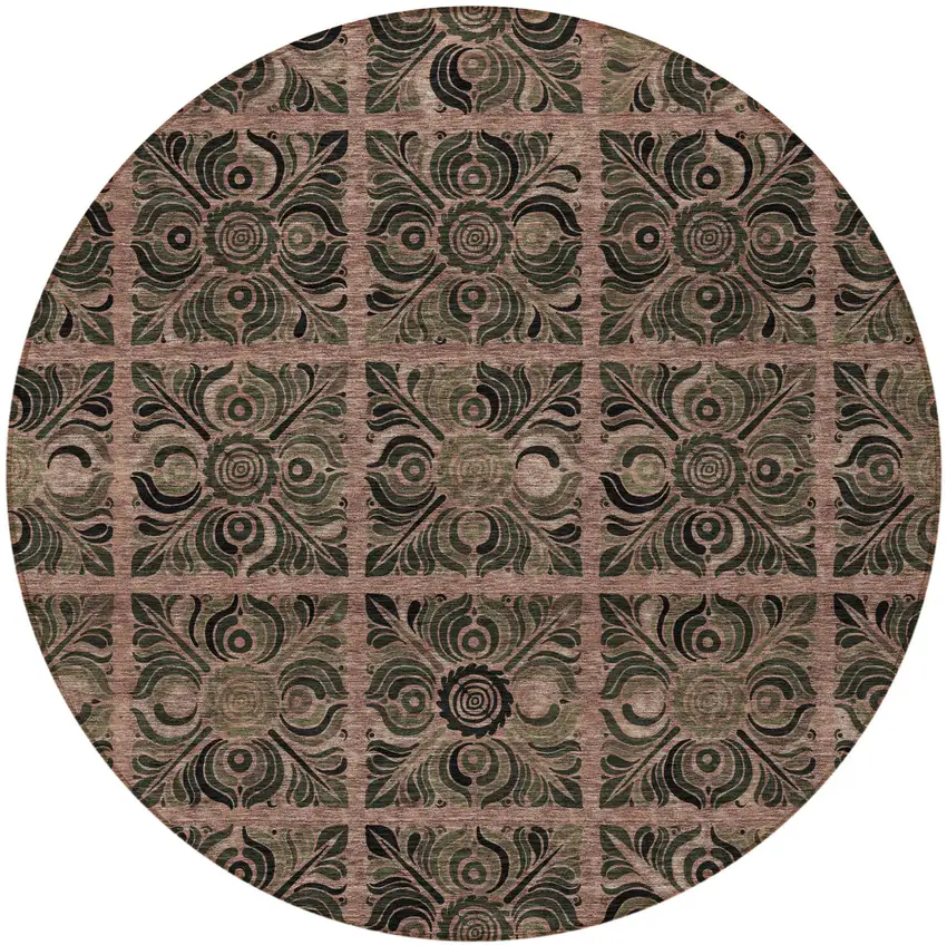 8' Orange Copper And Charcoal Round Medallion Washable Indoor Outdoor Area Rug Photo 6
