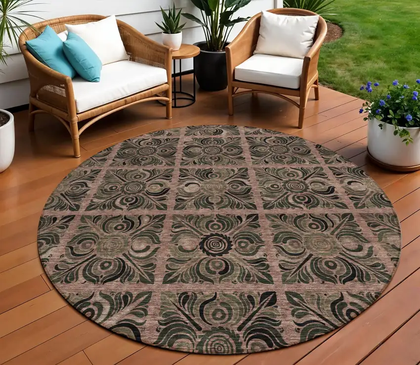 8' Orange Copper And Charcoal Round Medallion Washable Indoor Outdoor Area Rug Photo 1