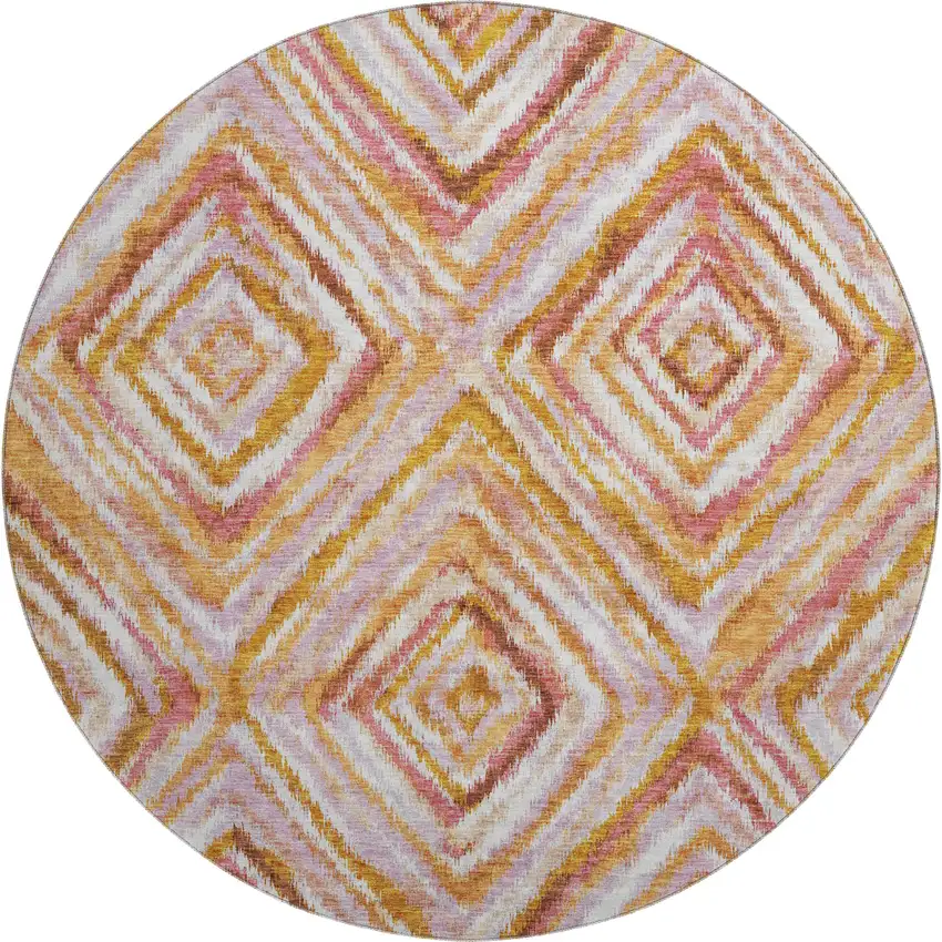 8' Orange Copper And Gold Geometric Washable Round Rug With UV Protection Photo 1