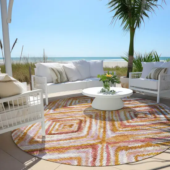 8' Orange Copper And Gold Round Geometric Washable Indoor Outdoor Area Rug Photo 7
