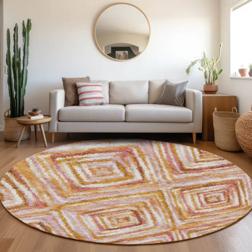 8' Orange Copper And Gold Round Geometric Washable Indoor Outdoor Area Rug Photo 8