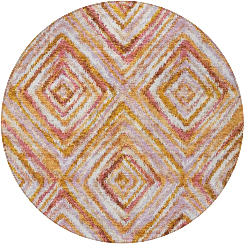 8' Orange Copper And Gold Round Geometric Washable Indoor Outdoor Area Rug Photo 6