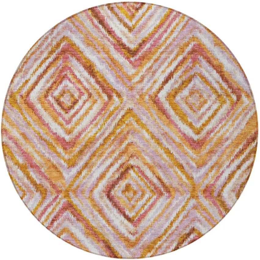 8' Orange Copper And Gold Round Geometric Washable Indoor Outdoor Area Rug Photo 6