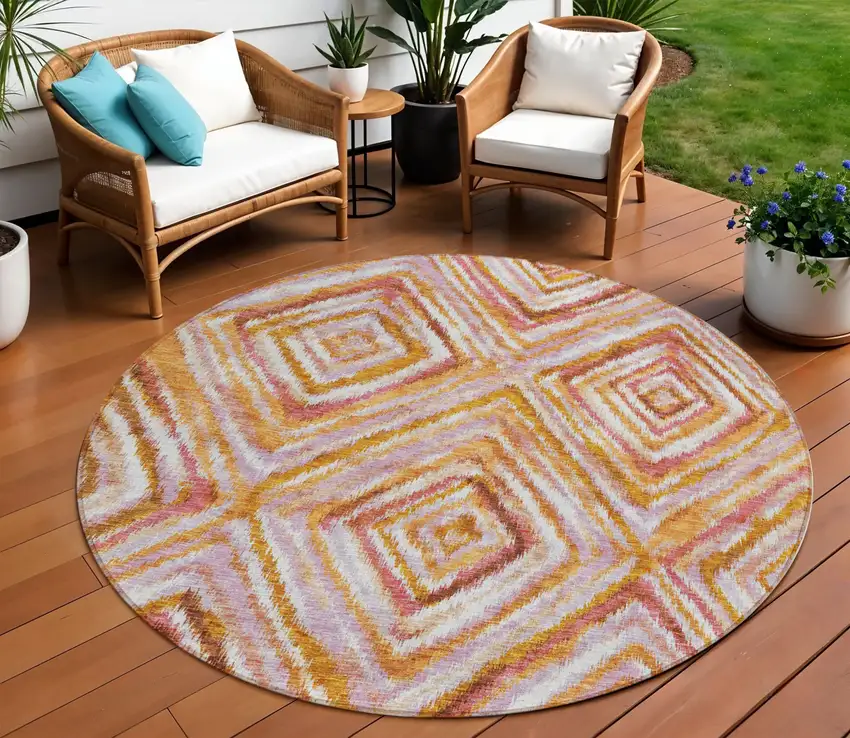 8' Orange Copper And Gold Round Geometric Washable Indoor Outdoor Area Rug Photo 1