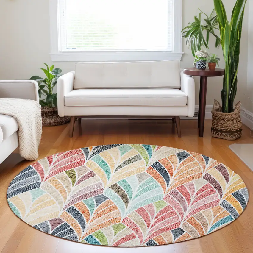 8' Orange Copper And Gold Round Geometric Washable Indoor Outdoor Area Rug Photo 7