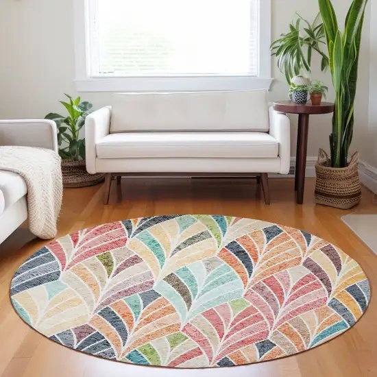 8' Orange Copper And Gold Round Geometric Washable Indoor Outdoor Area Rug Photo 7