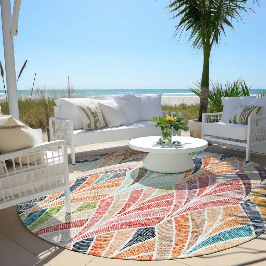 8' Orange Copper And Gold Round Geometric Washable Indoor Outdoor Area Rug Photo 6