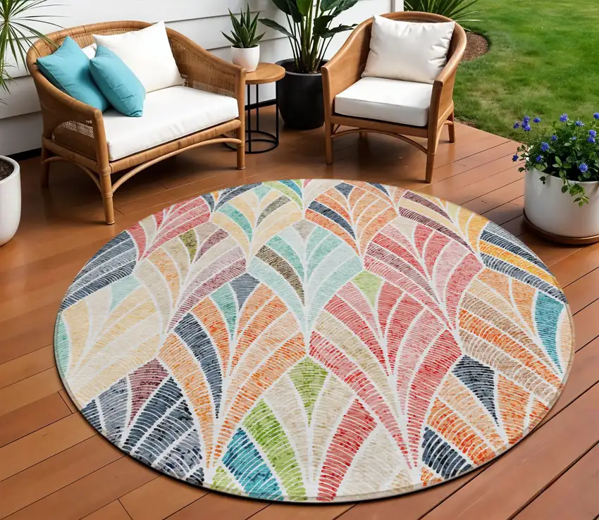 8' Orange Copper And Gold Round Geometric Washable Indoor Outdoor Area Rug Photo 1