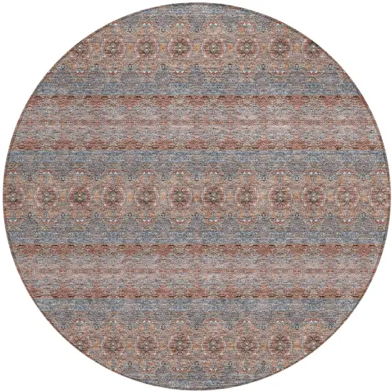 8' Orange Copper And Gray Round Floral Medallion Washable Indoor Outdoor Area Rug Photo 2