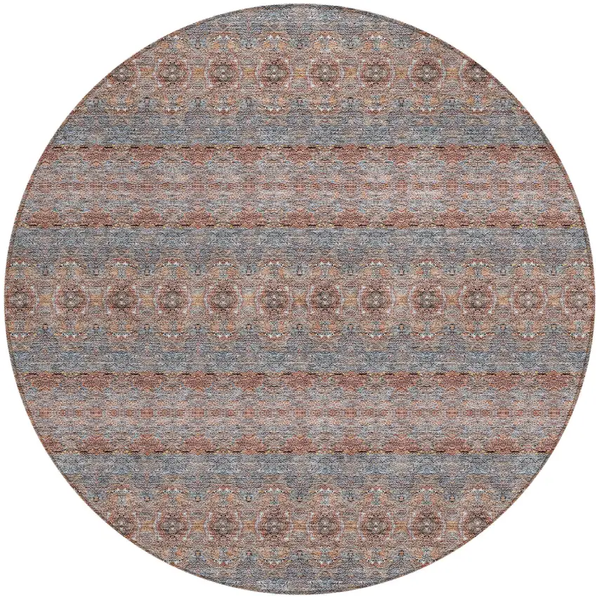 8' Orange Copper And Gray Round Floral Medallion Washable Indoor Outdoor Area Rug Photo 2