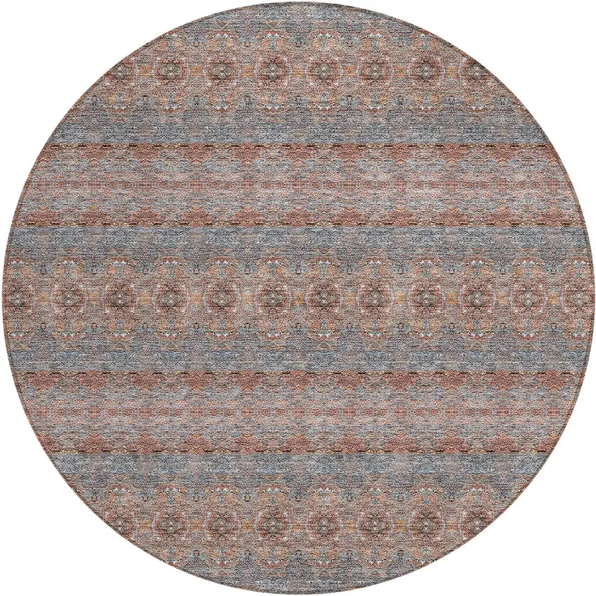8' Orange Copper And Gray Round Floral Medallion Washable Indoor Outdoor Area Rug Photo 2