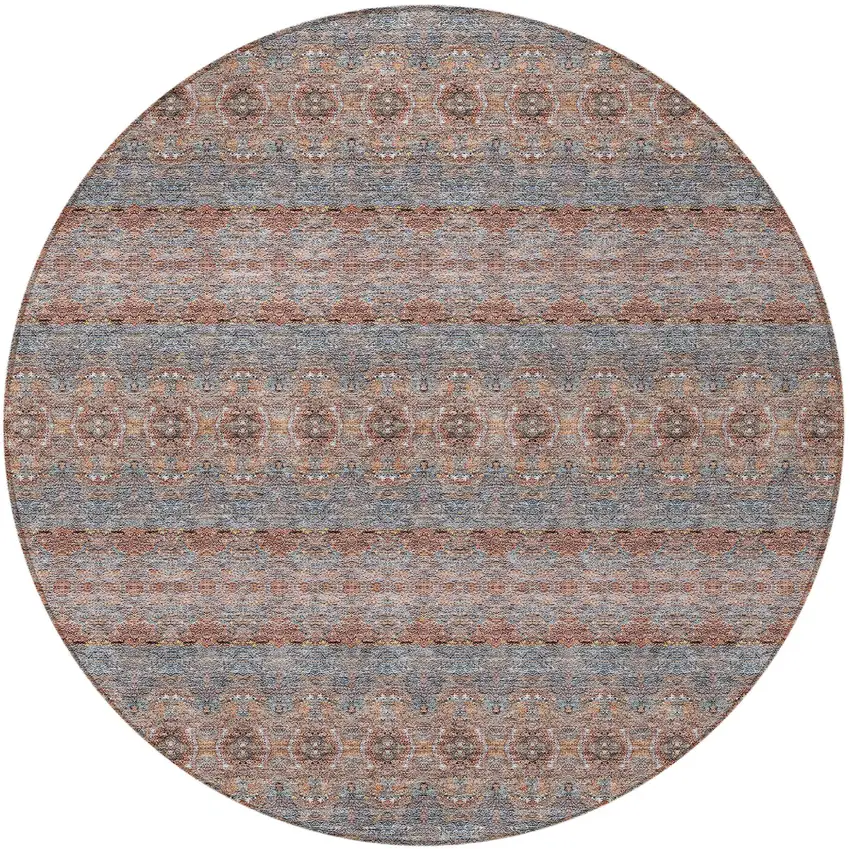 8' Orange Copper And Gray Round Floral Medallion Washable Indoor Outdoor Area Rug Photo 5
