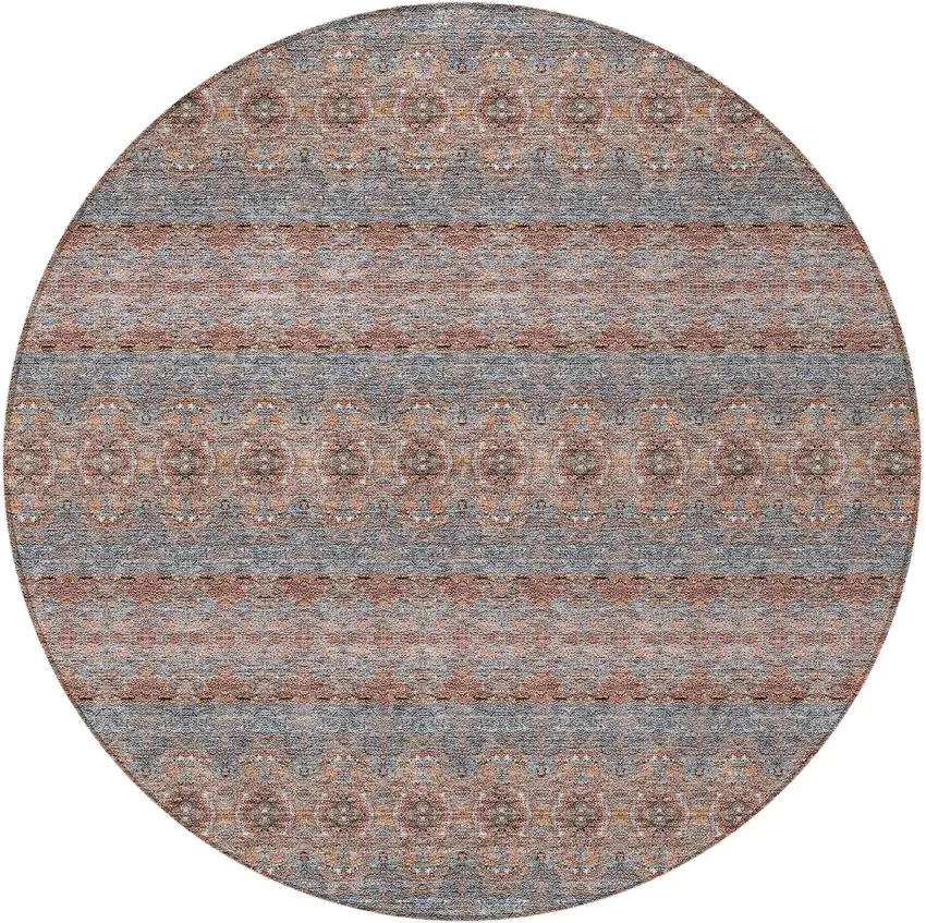 8' Orange Copper And Gray Round Floral Medallion Washable Indoor Outdoor Area Rug Photo 5
