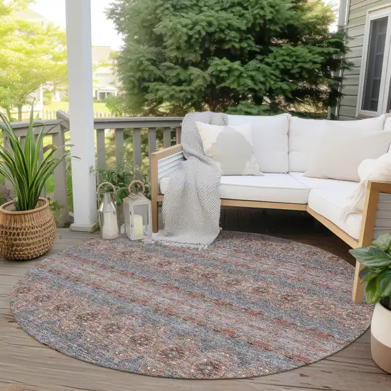 8' Orange Copper And Gray Round Floral Medallion Washable Indoor Outdoor Area Rug Photo 6