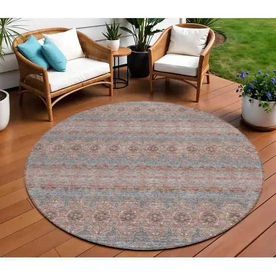 8' Orange Copper And Gray Round Floral Medallion Washable Indoor Outdoor Area Rug Photo 1